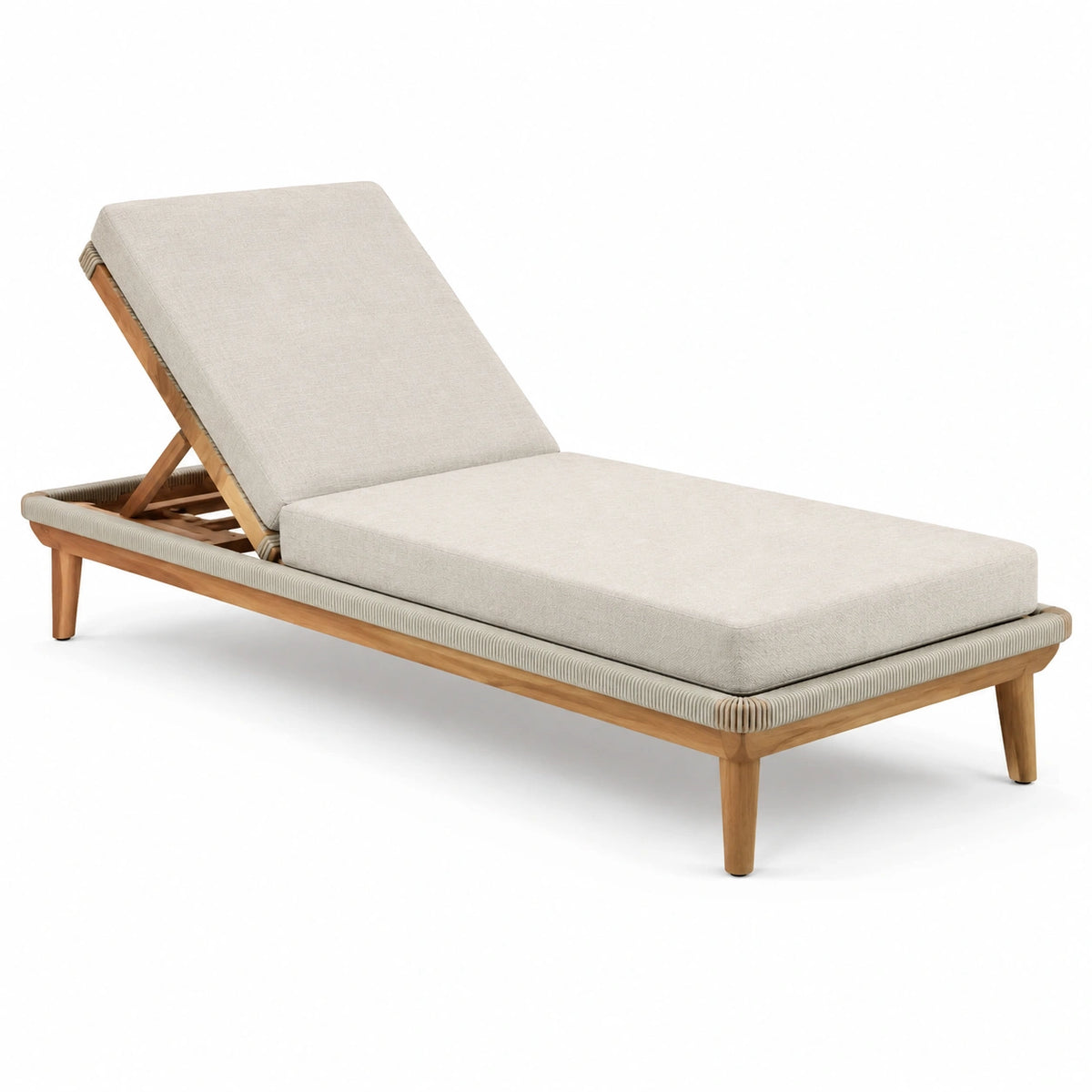 Bain de soleil inclinable beige et bois naturel, 200 x 75 x 35 cm