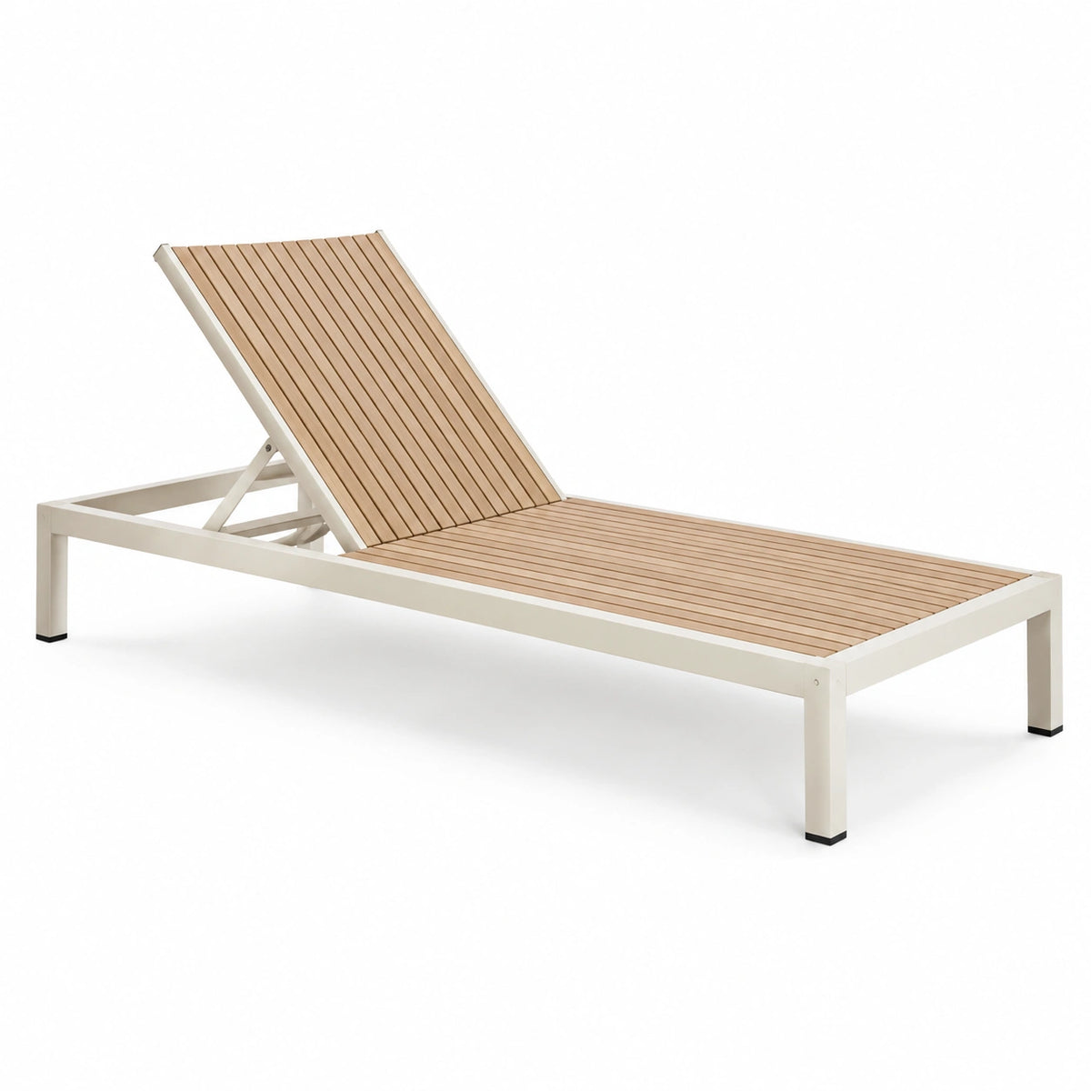 Bain de soleil inclinable 200 x 65 x 35 cm en aluminium et bois, Blanc/Naturel