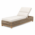 Chaise longue d'extérieur 200 x 75 x 85 cm en bois naturel, cordage beige et coussins écrus, dossier réglable