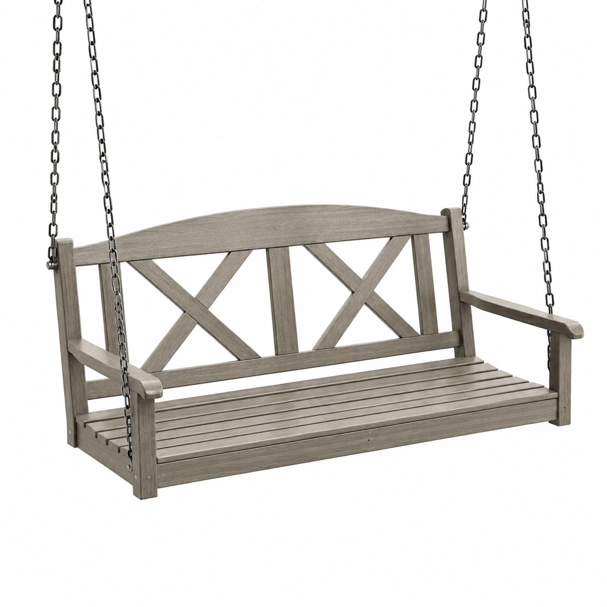 Balancelle de jardin en bois gris avec chaînes, 122 x 65 x 55 cm