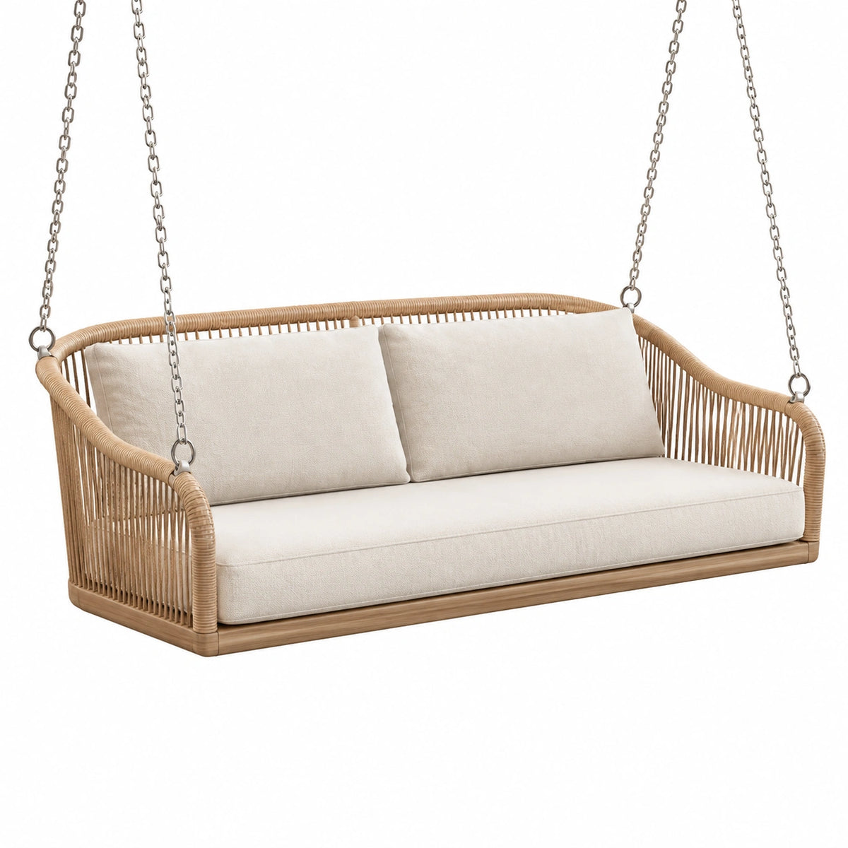 Balancelle suspendue bohème 2 places en rotin beige avec coussins écrus, 150 x 75 x 65 cm