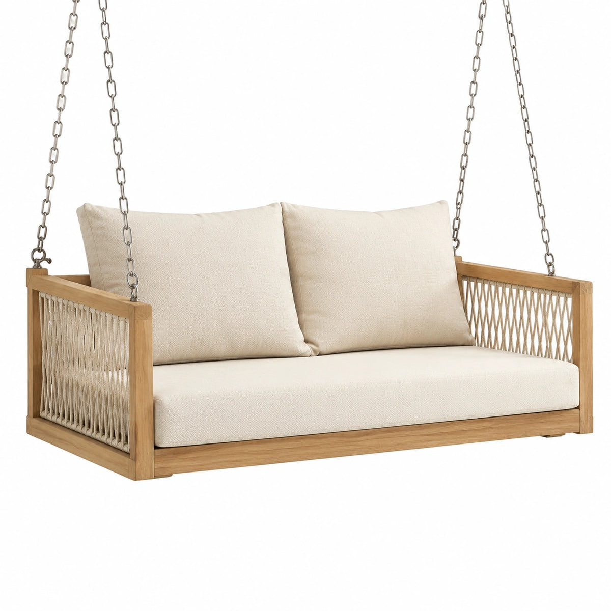 Balancelle suspendue 2 places en bois naturel, beige et gris, 145 x 75 x 65 cm
