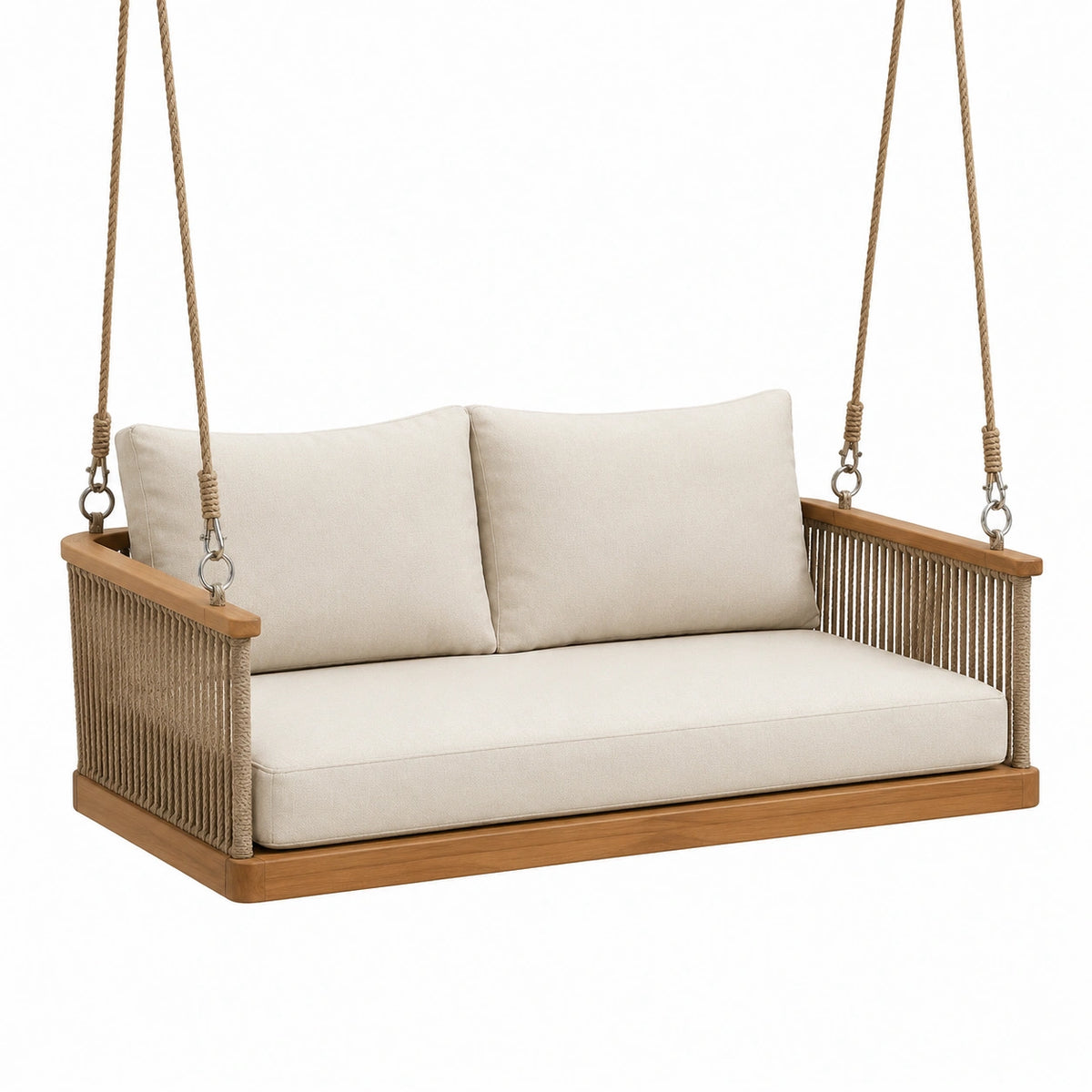 Balancelle suspendue 2 places 130 x 75 x 60 cm en bois naturel avec cordage et coussins beiges