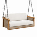 Balancelle suspendue 2 places 130 x 70 x 65 cm en bois, fibres tressées et coussins beige