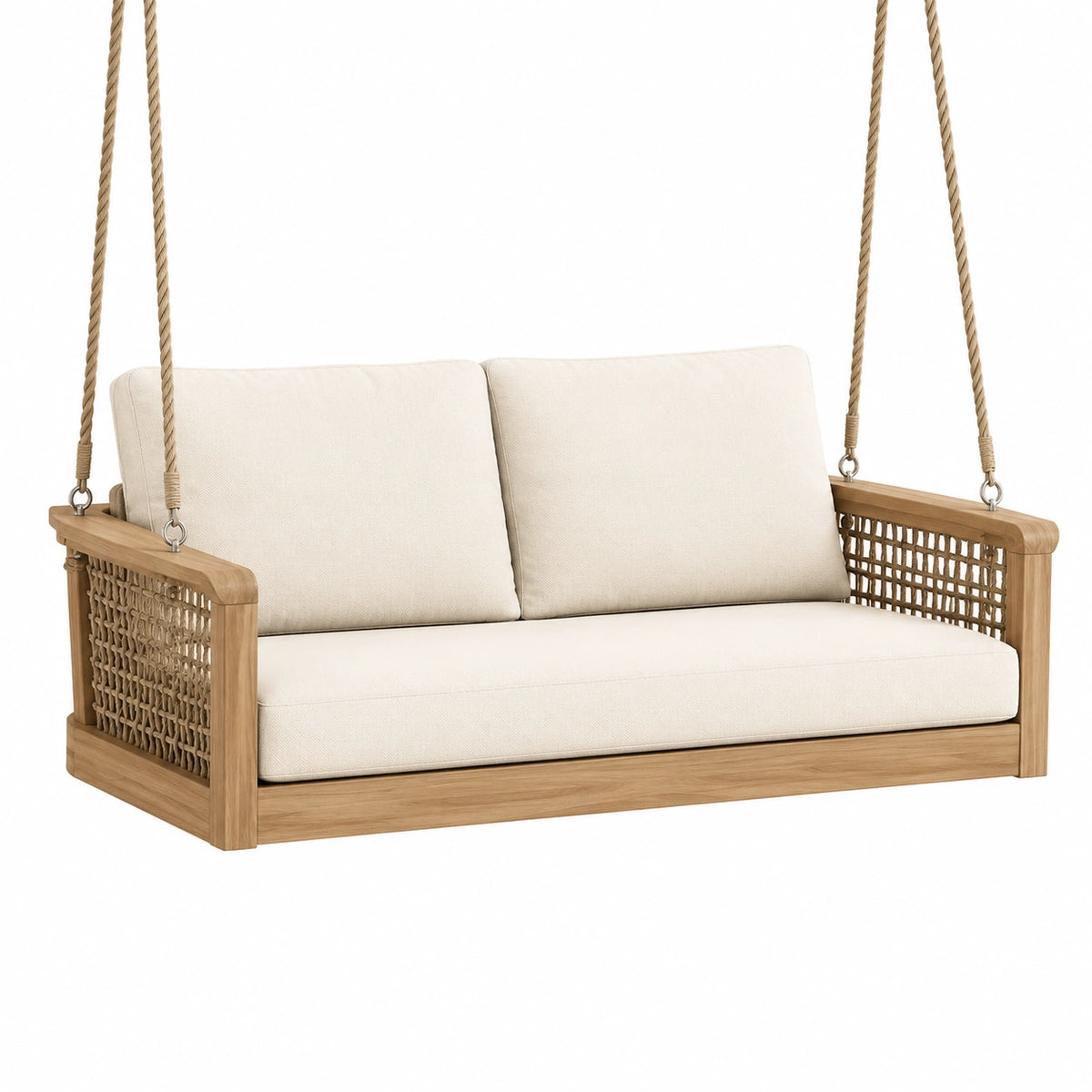 Balancelle suspendue 2 places 140 x 75 x 65 cm en bois marron et textile écru
