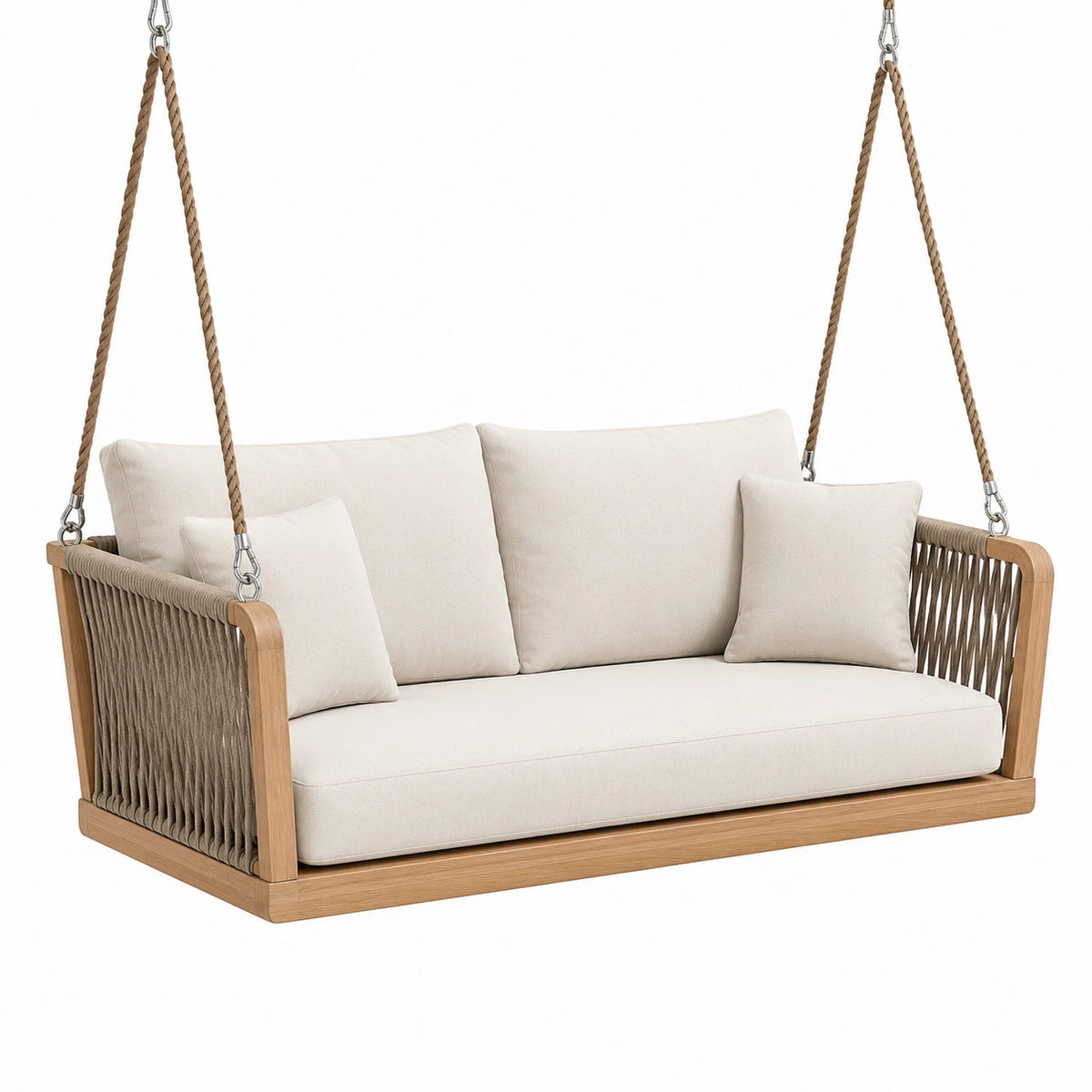 Balancelle suspendue double en bois naturel et cordage beige, 180 x 75 x 65 cm