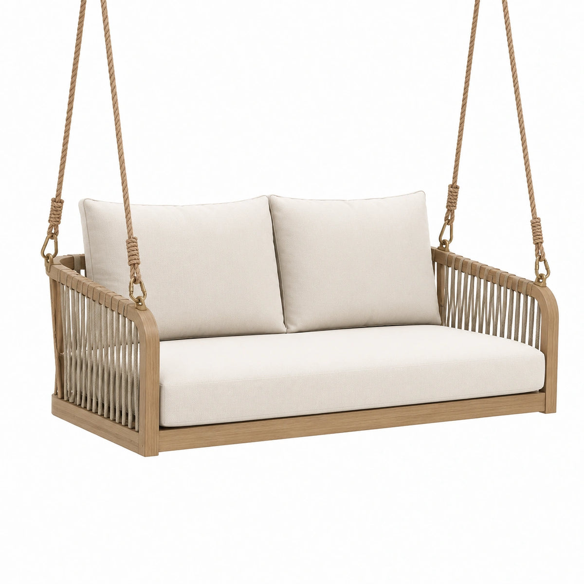 Balancelle suspendue 2 places 145 x 75 x 75 cm en bois naturel et corde beige
