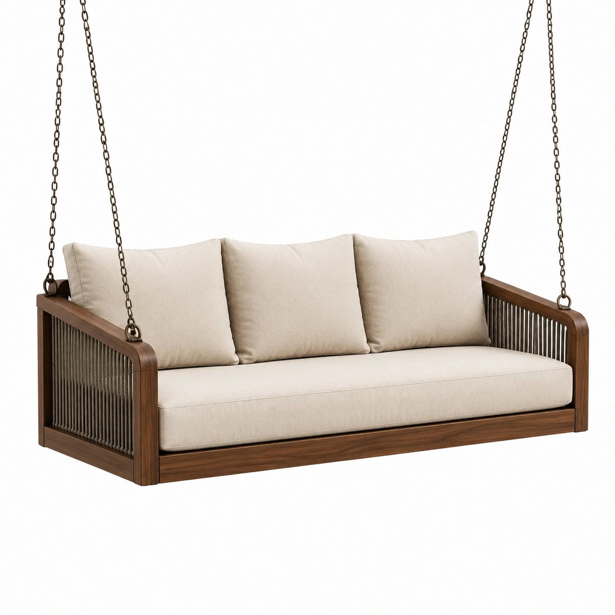 Balancelle suspendue 3 places 180 x 75 x 65 cm en bois brun avec cordage noir et coussins beiges