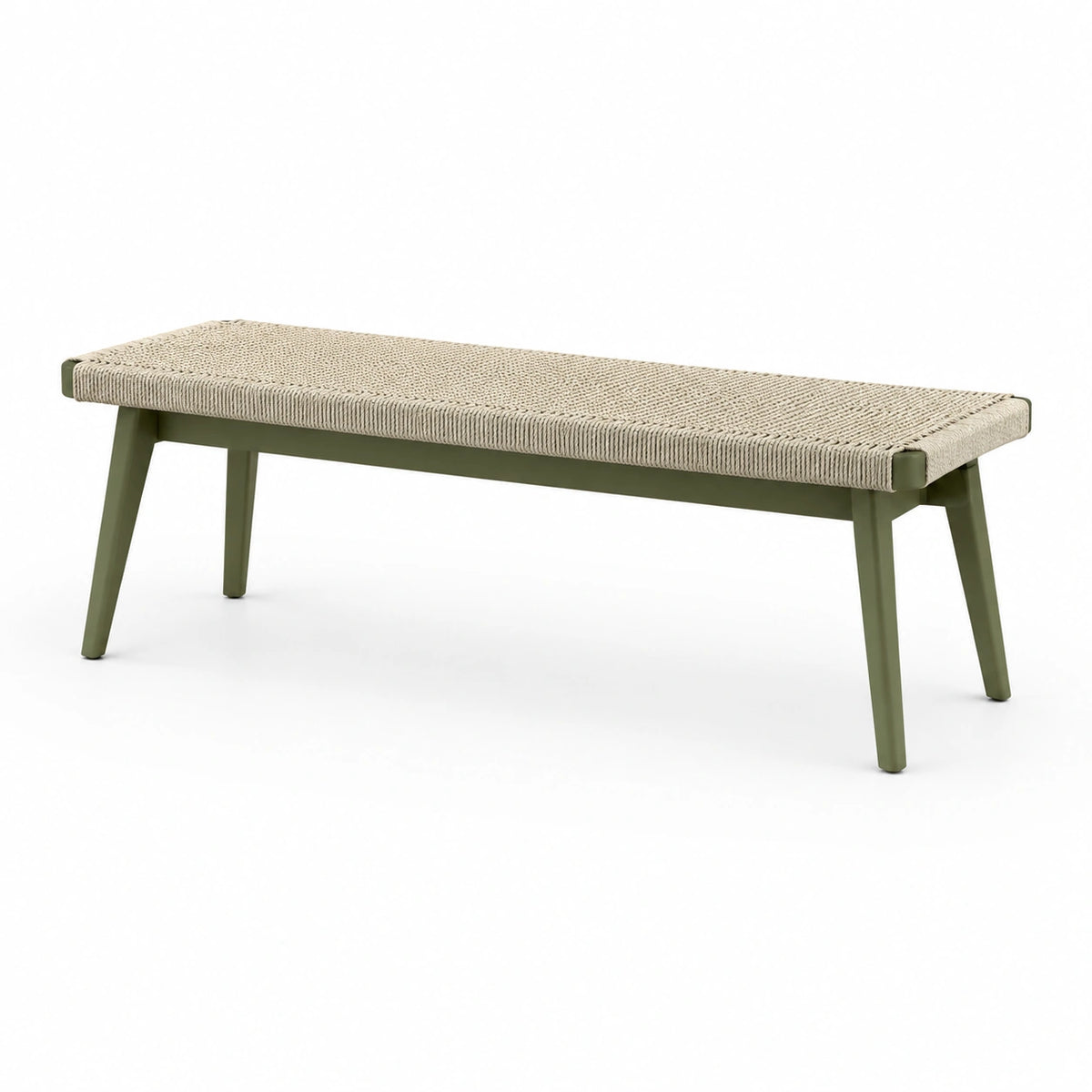 Banc contemporain 120 x 40 x 45 cm en métal vert kaki et corde tressée beige