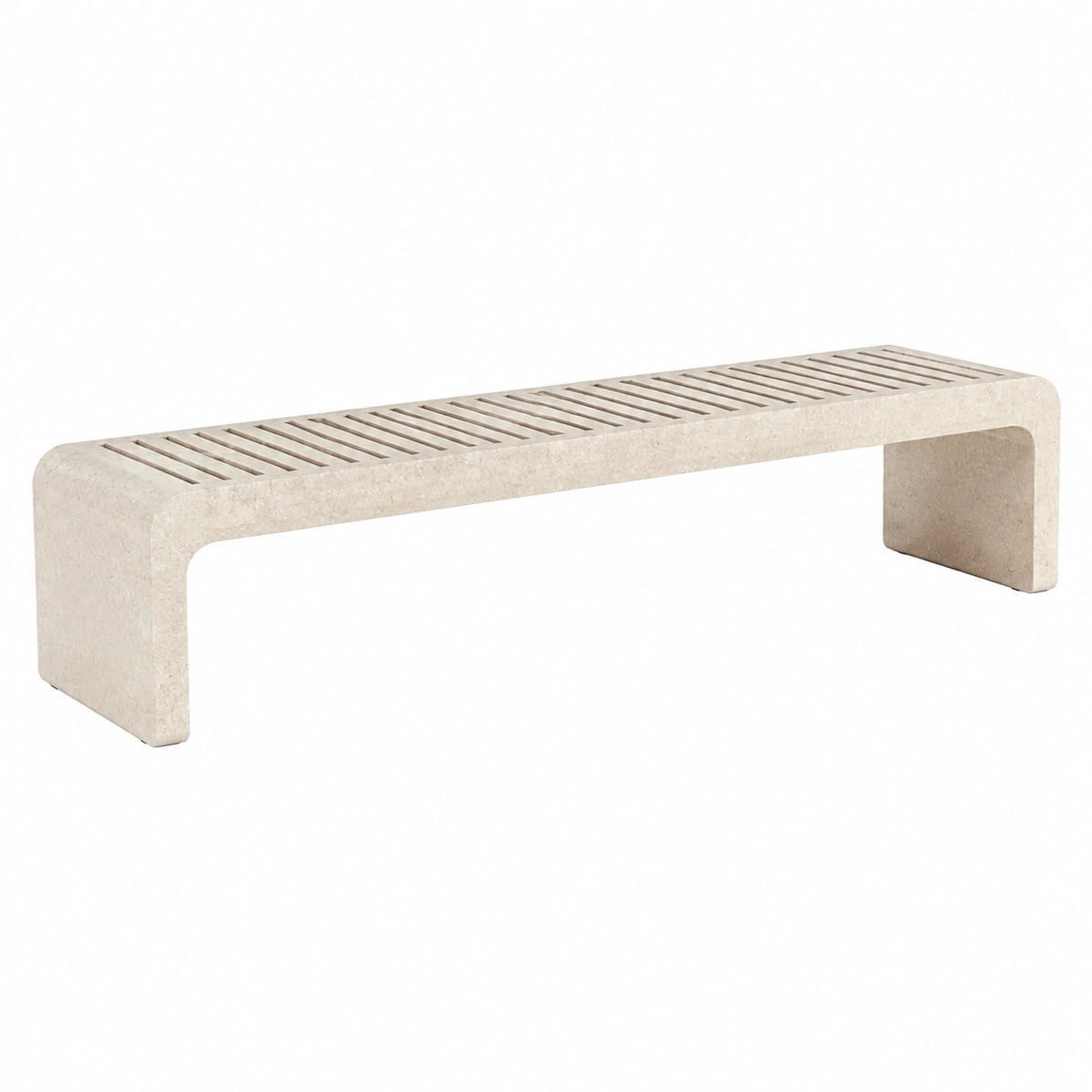Banc minimaliste en pierre beige à lattes, 160 x 40 x 45 cm