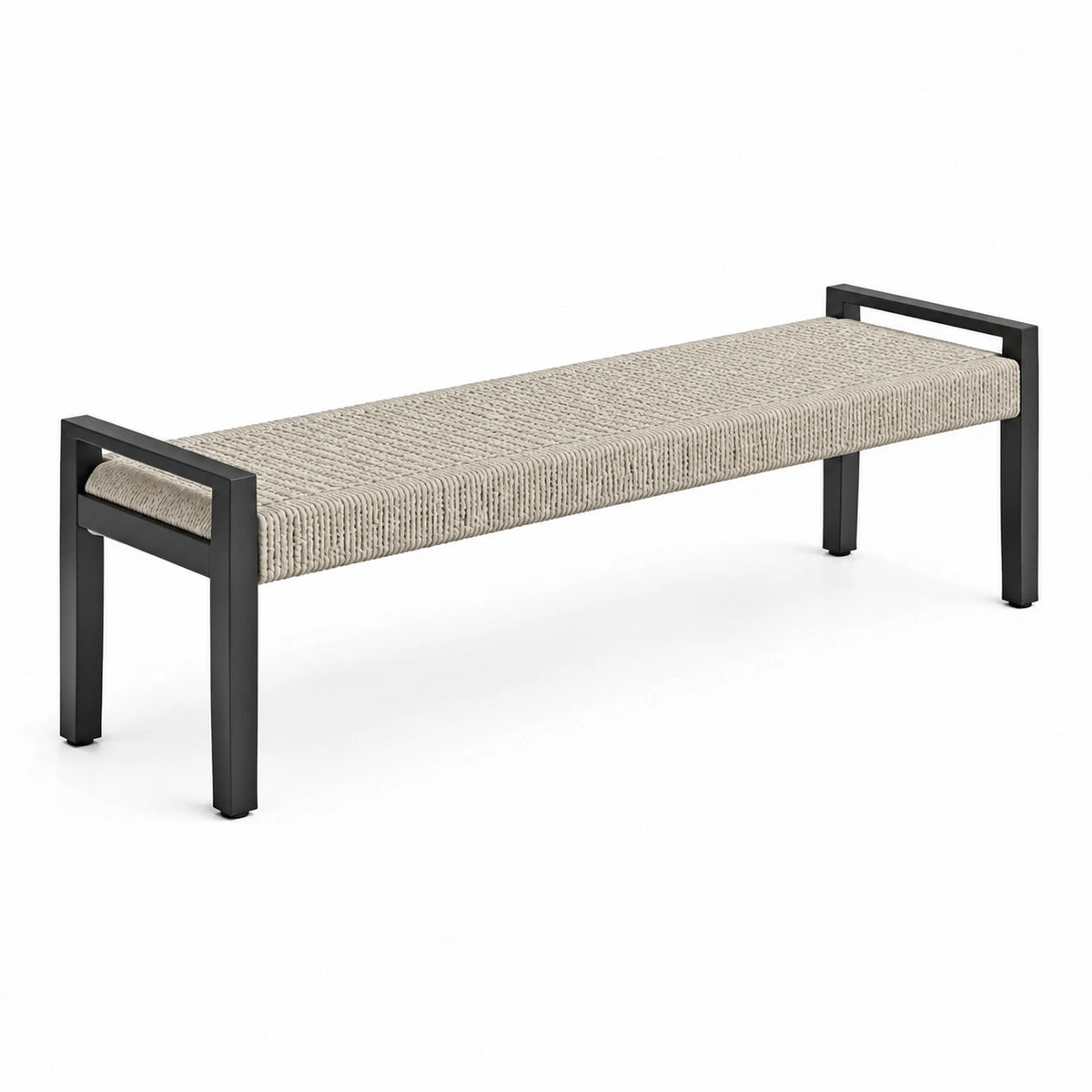 Banc contemporain en métal noir et corde tressée beige, 120 x 40 x 45 cm