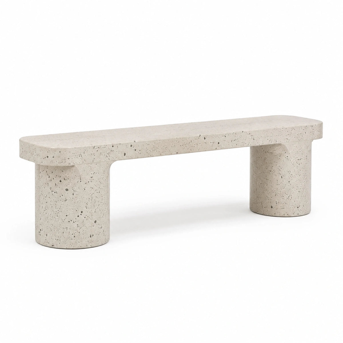 Banc contemporain en pierre reconstituée effet terrazzo beige moucheté noir, 140 x 40 x 45 cm