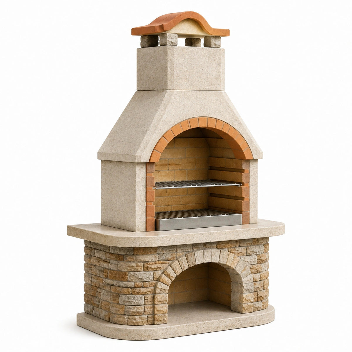 Barbecue de jardin en pierre beige et terre cuite avec grilles, 120 x 70 x 210 cm