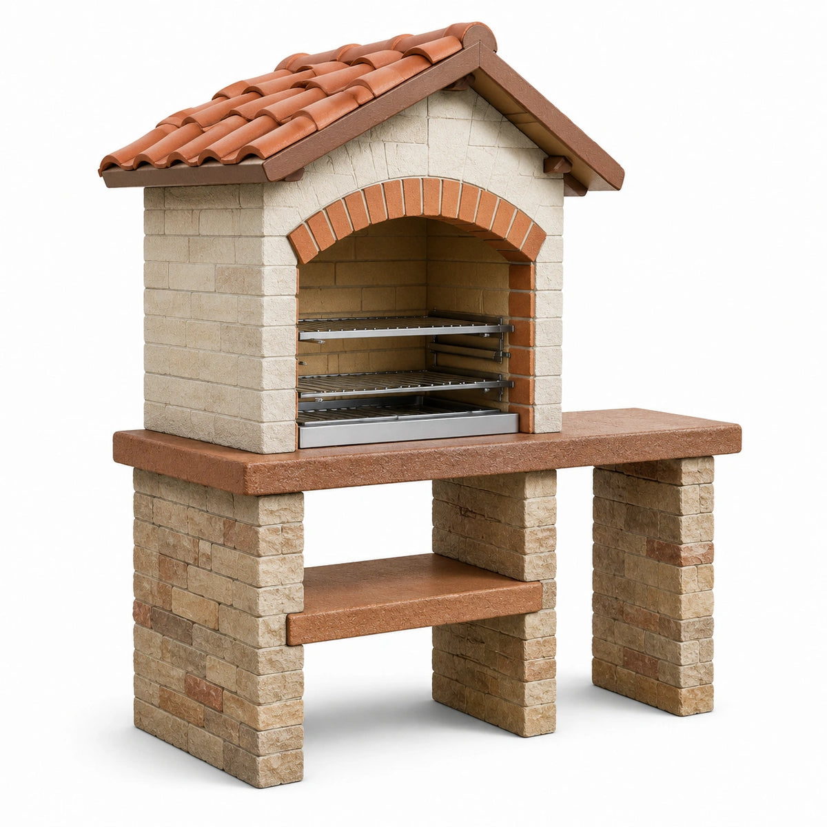 Barbecue de jardin en briques beige et terre cuite avec toit et grilles métalliques, 120 x 65 x 210 cm