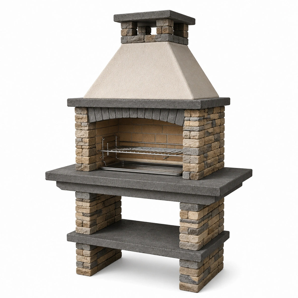 Barbecue fixe de jardin en pierre Gris/Beige avec hotte, 120 x 70 x 210 cm