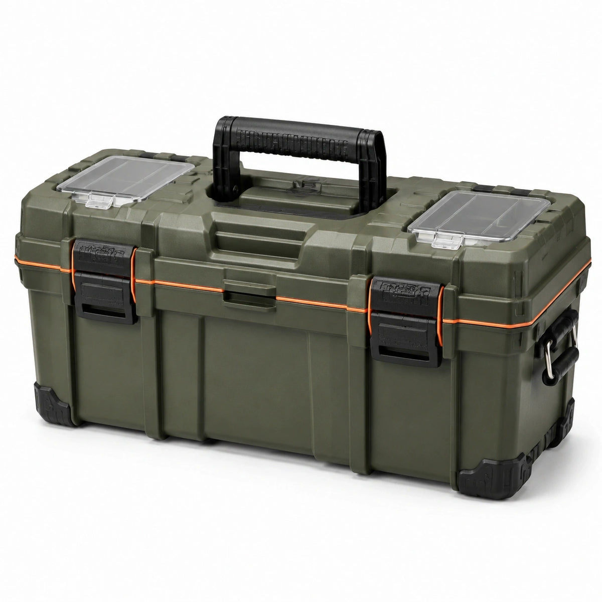 Boîte à outils portable vert olive 60 x 30 x 32 cm avec compartiments transparents