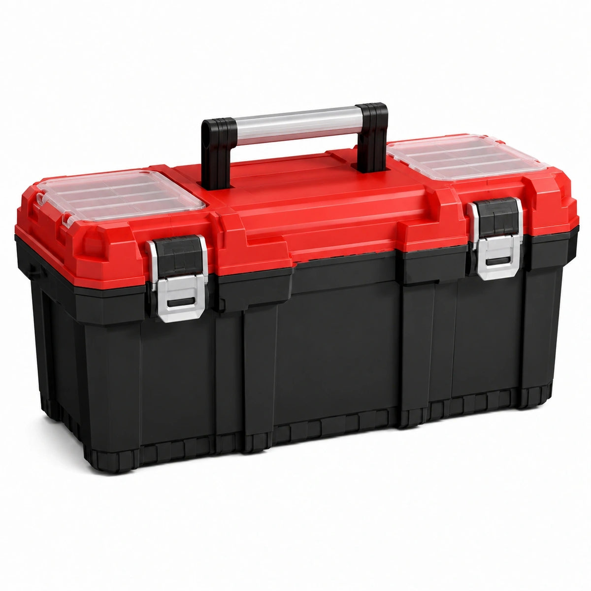 Boîte de rangement rouge, noire et transparente 60 x 30 x 30 cm avec organiseurs et poignée repliable