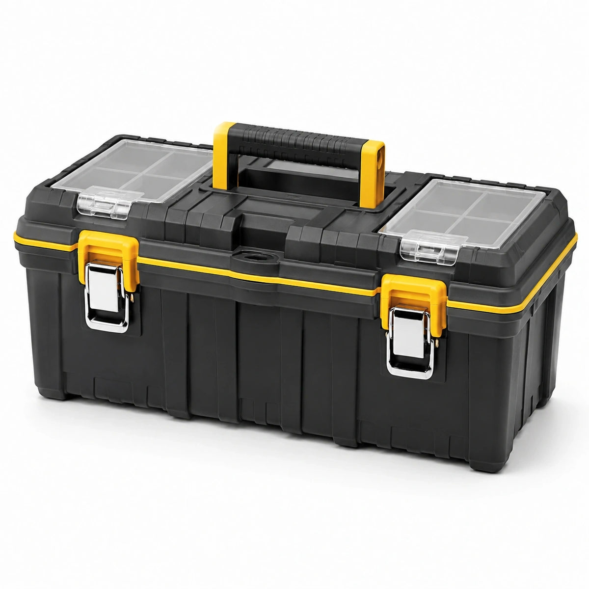 Boîte à outils en plastique noir, jaune et transparent 58 x 30 x 28 cm avec organiseurs et poignée