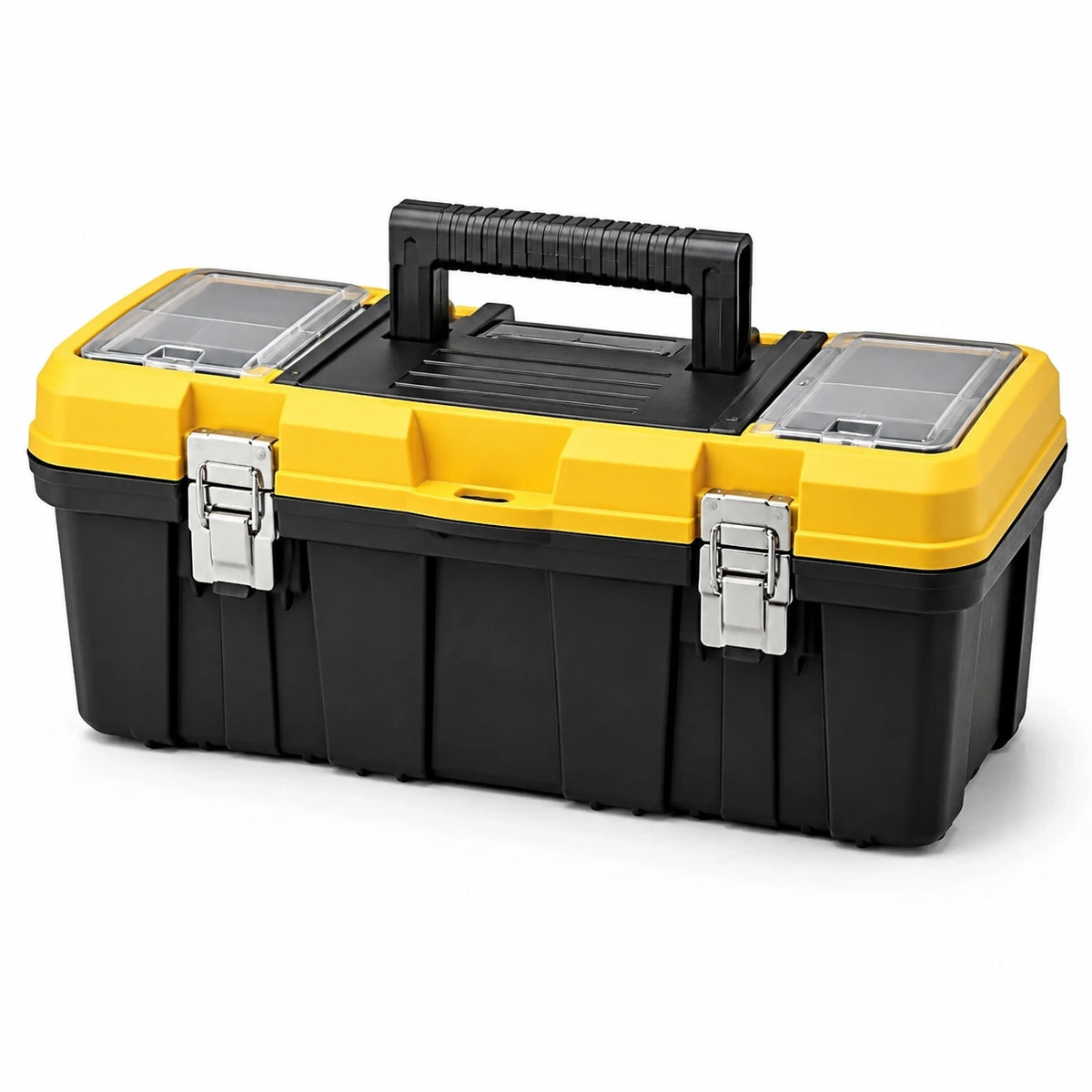 Boîte à outils noire et jaune 48 x 25 x 24 cm avec compartiments transparents et poignée rabattable