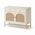 Buffet crème 100 x 40 x 85 cm avec cannage naturel, 2 tiroirs et pieds dorés