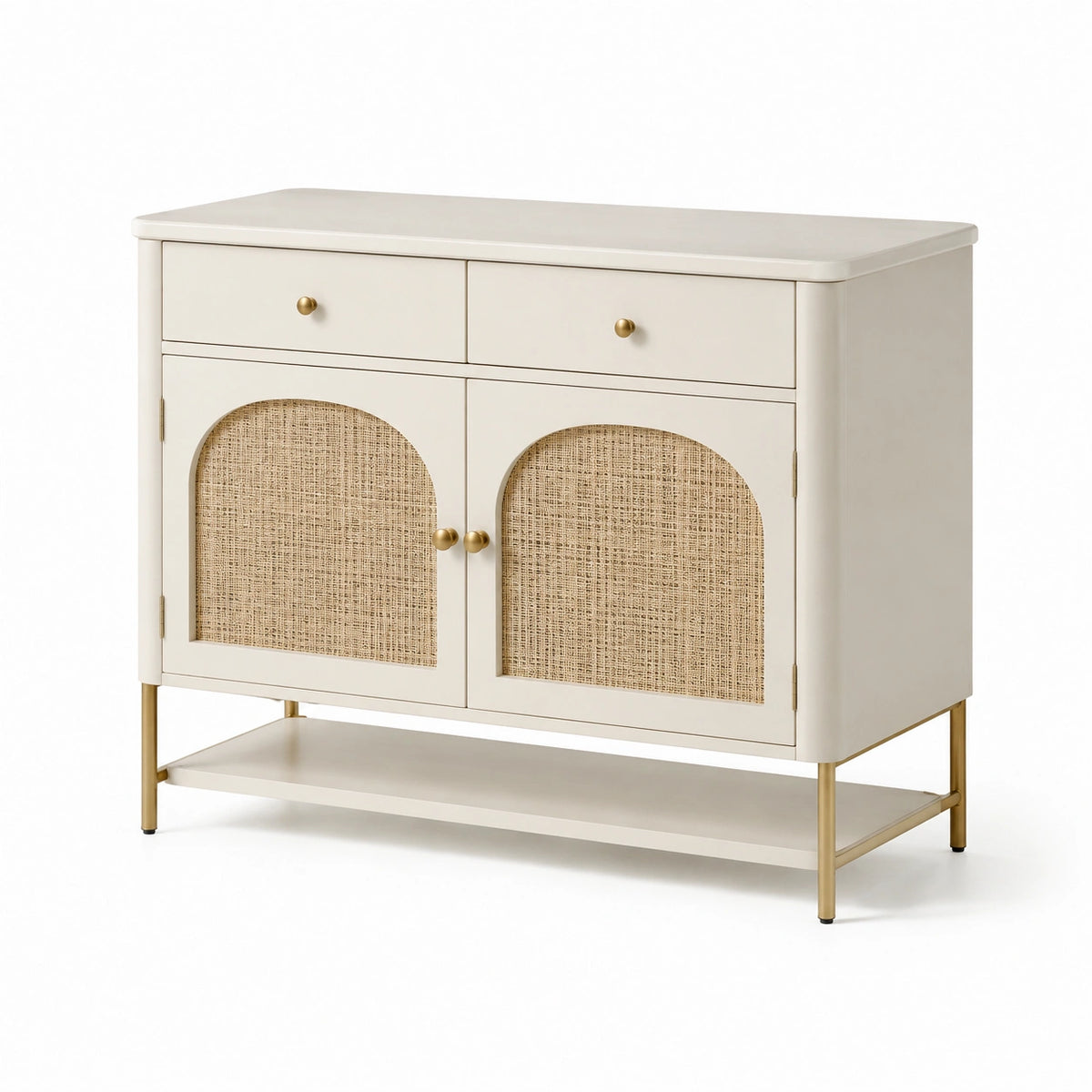 Buffet crème 100 x 40 x 85 cm avec cannage naturel, 2 tiroirs et pieds dorés