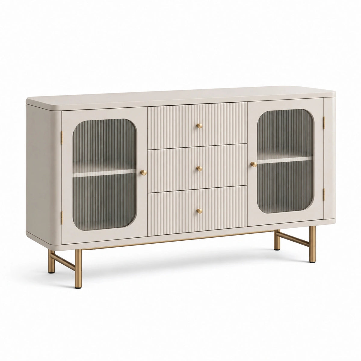 Buffet contemporain beige et doré 150 x 40 x 85 cm avec verre strié et pieds métalliques