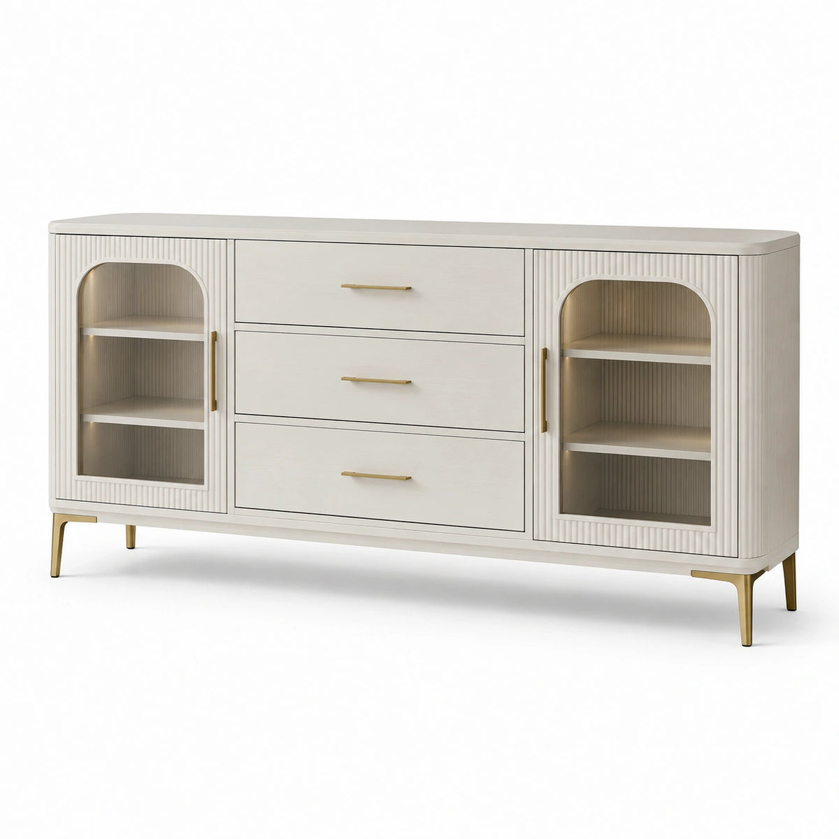 Buffet contemporain blanc et doré 180 x 40 x 85 cm avec 3 tiroirs et portes vitrées
