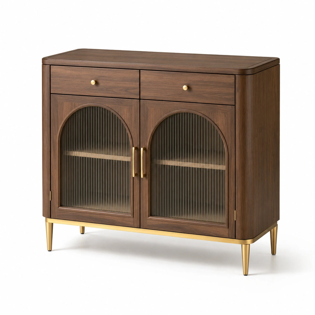 Buffet rétro contemporain 120 x 40 x 100 cm en bois brun foncé, verre strié et détails dorés