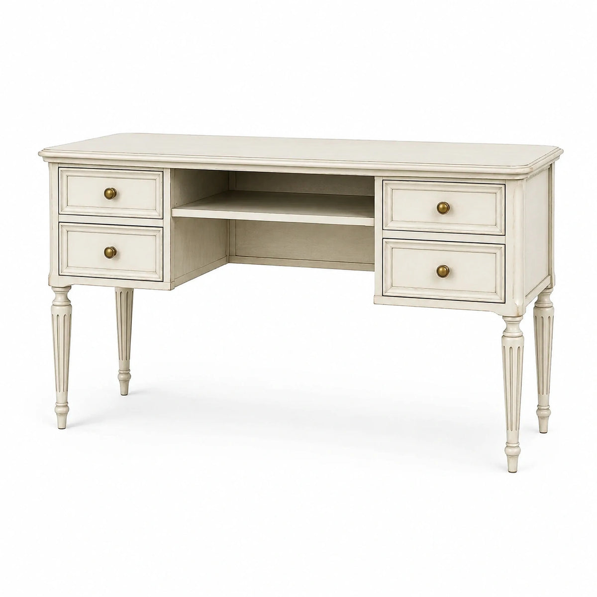 Bureau classique blanc cassé 140 x 60 x 76 cm avec 4 tiroirs et boutons en laiton