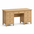 Bureau classique en chêne clair avec 7 tiroirs et poignées dorées, 140 x 60 x 75 cm