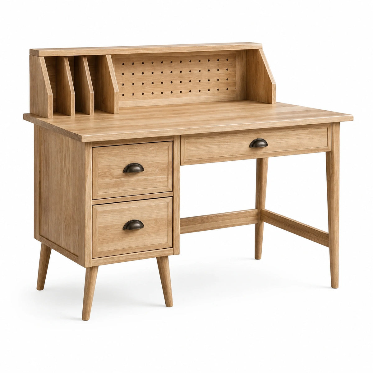 Bureau vintage en chêne clair et noir avec surmeuble de rangement, 120 x 60 x 100 cm