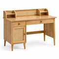 Bureau rétro en bois naturel et cannage beige, 120 x 55 x 102 cm, avec 2 tiroirs et étagères