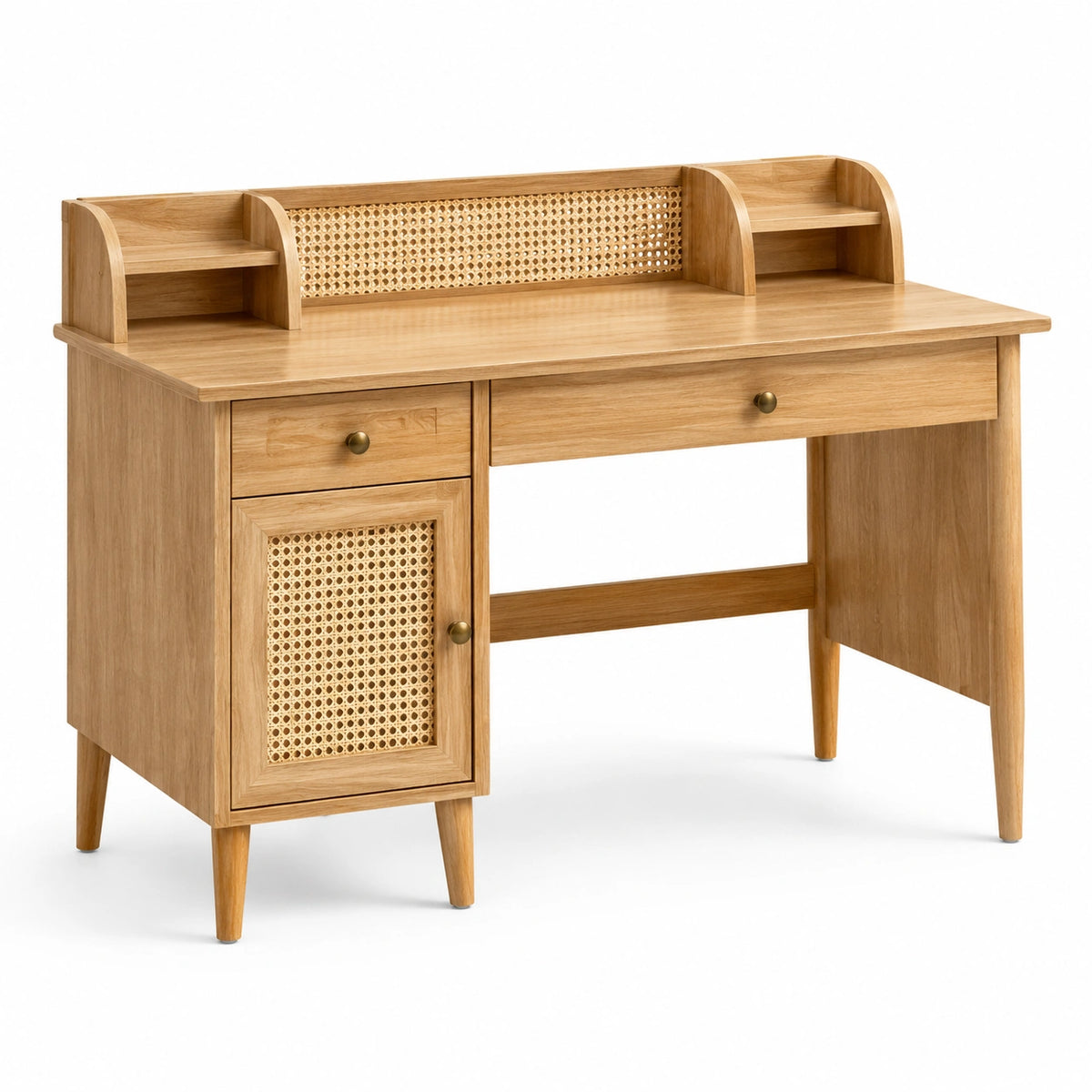 Bureau rétro en bois naturel et cannage beige, 120 x 55 x 102 cm, avec 2 tiroirs et étagères