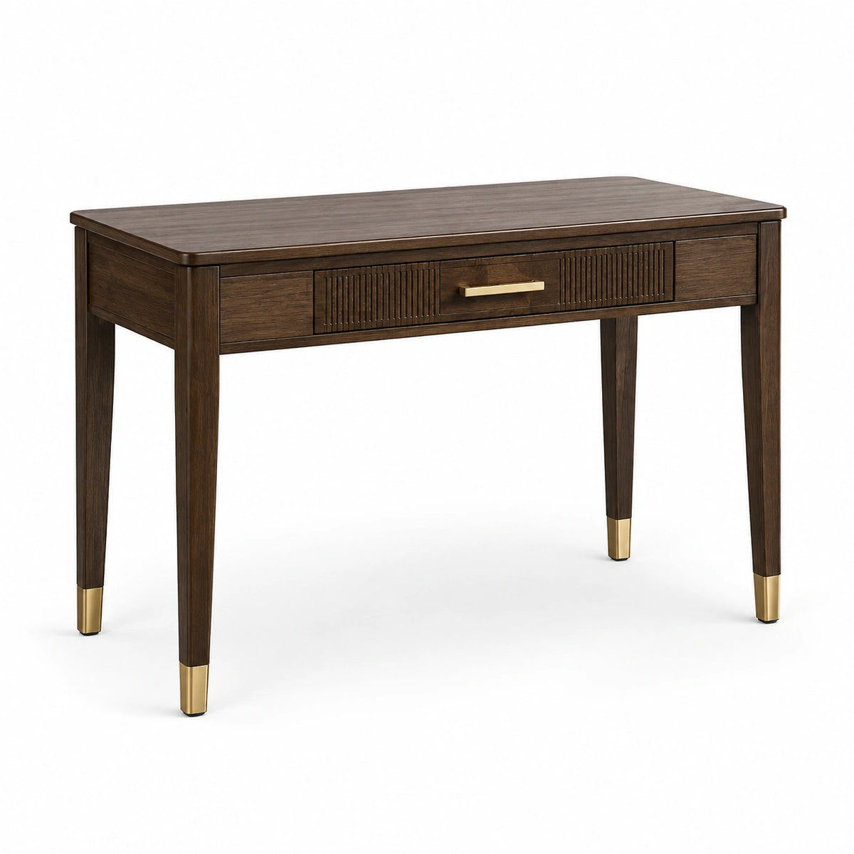 Bureau contemporain en bois brun et doré avec tiroir, 120 x 55 x 76 cm