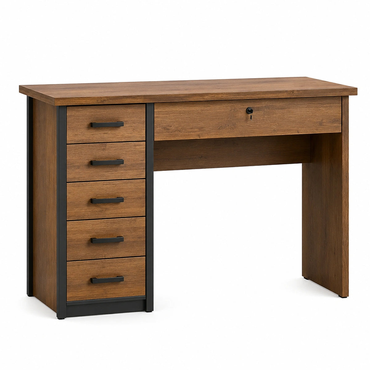 Bureau industriel 140 x 60 x 75 cm brun et noir avec 6 tiroirs dont 1 verrouillable