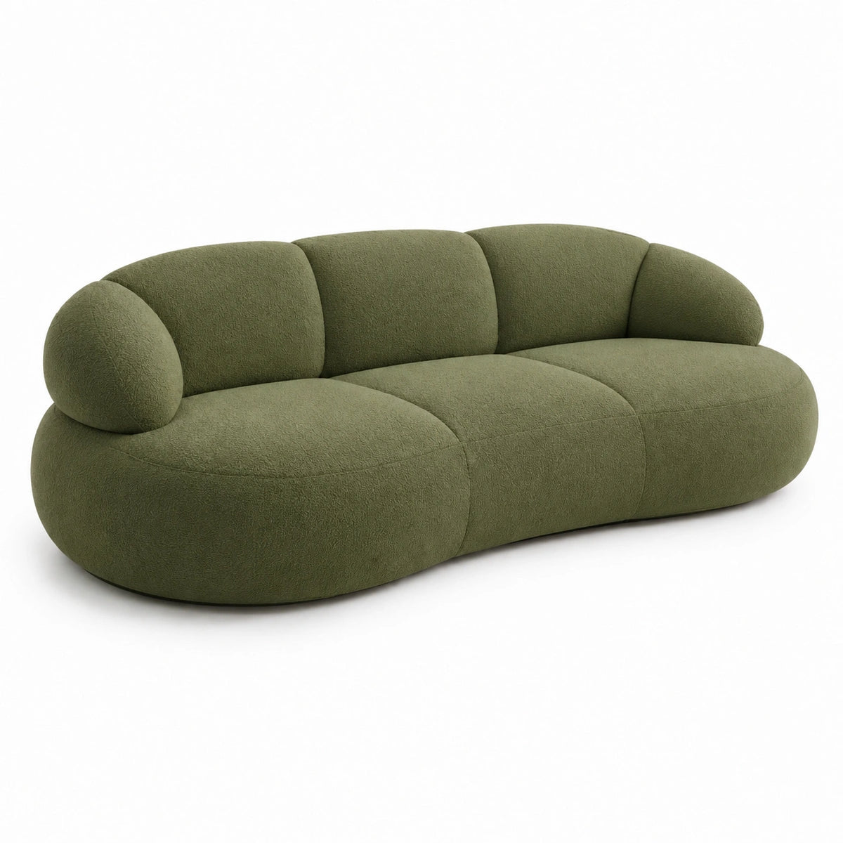 Canapé 3 places design arrondi en tissu vert olive, 230 x 100 x 78 cm